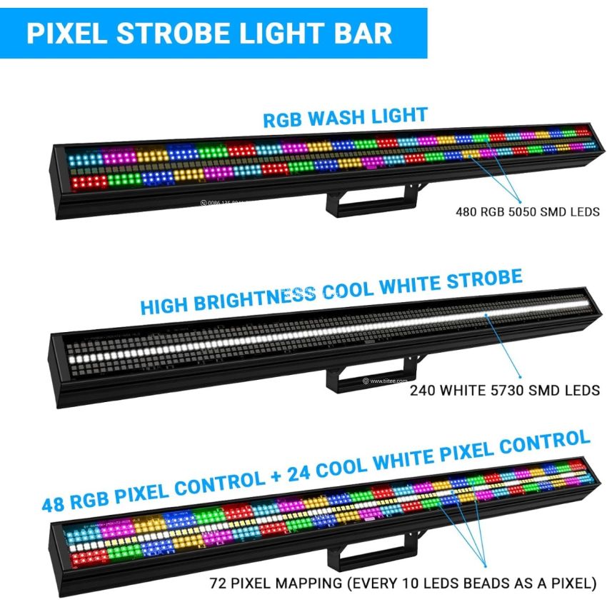 TIITEE DJ Strobe Light Bar 200W 720LED Stage Light Bar 48 RGB & 24 White Zones Strobe Effect Lighting 
