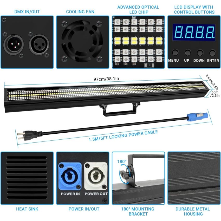 TIITEE DJ Strobe Light Bar 200W 720LED Stage Light Bar 48 RGB & 24 White Zones Strobe Effect Lighting 
