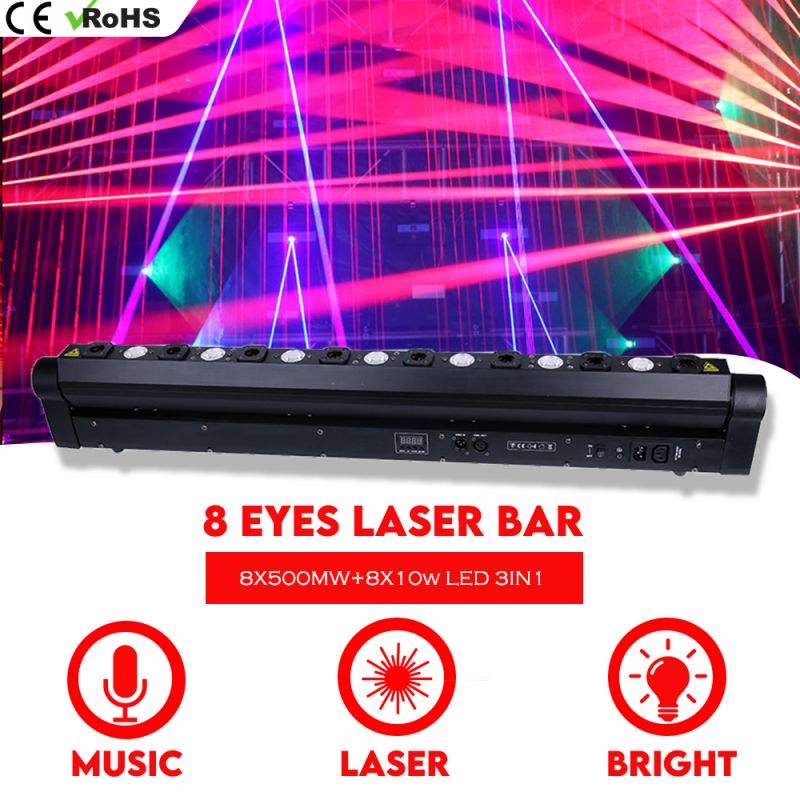 8 Eyes Beam Laser Moving Head  Bar Light DMX 8x 500mw+8X10W LED Pixel Control 